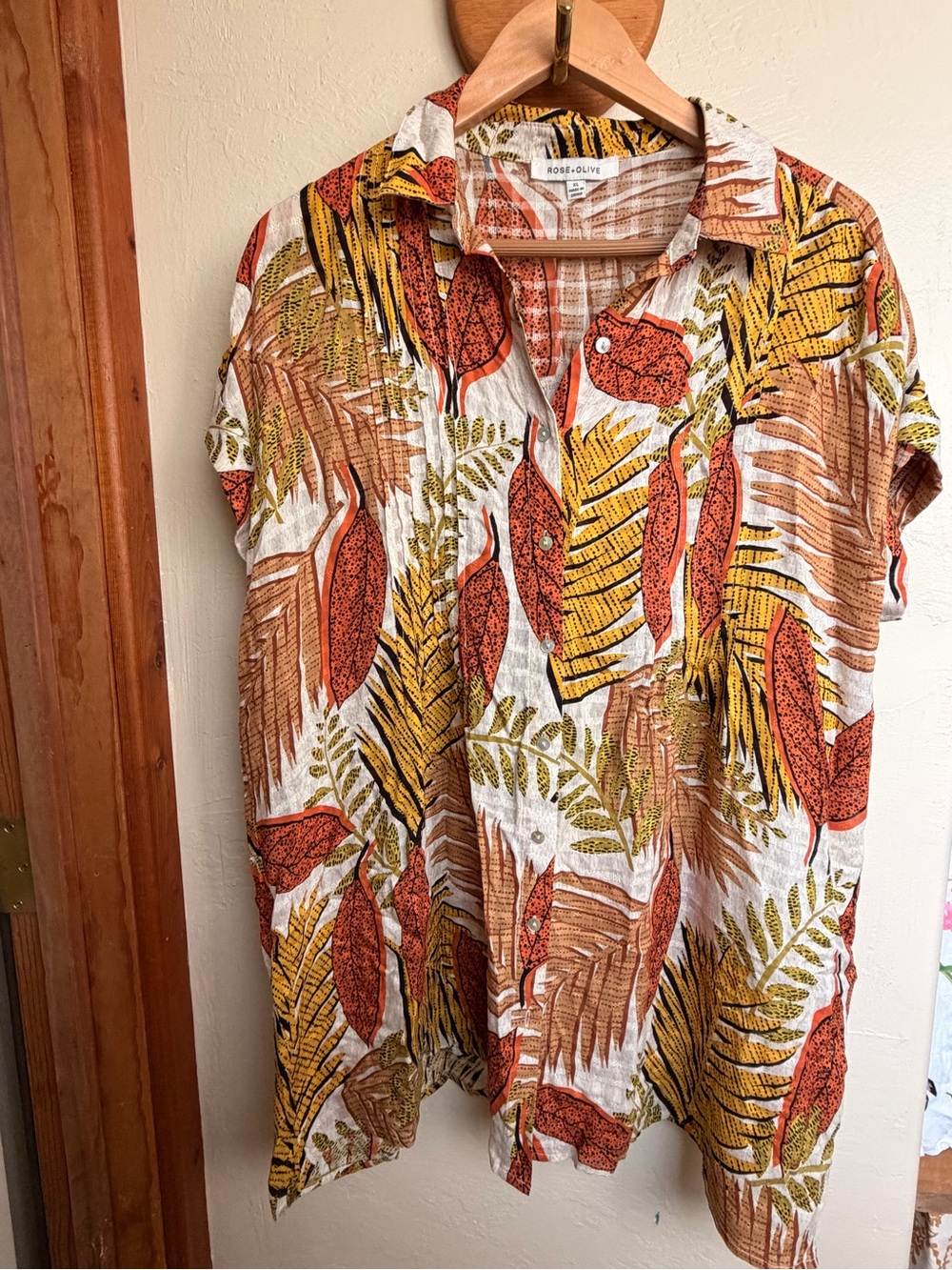 Rose & Olive Tropical Leaf Short Sleeve Button-Down in Rust, Yellow & White